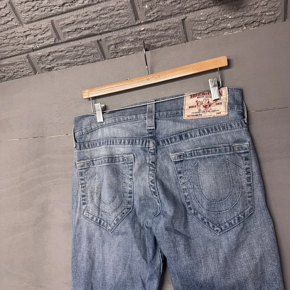 True Religion Jeans Mens 29x34 Moto Slim Big T Denim‎ Pants Biker Flap destroyed